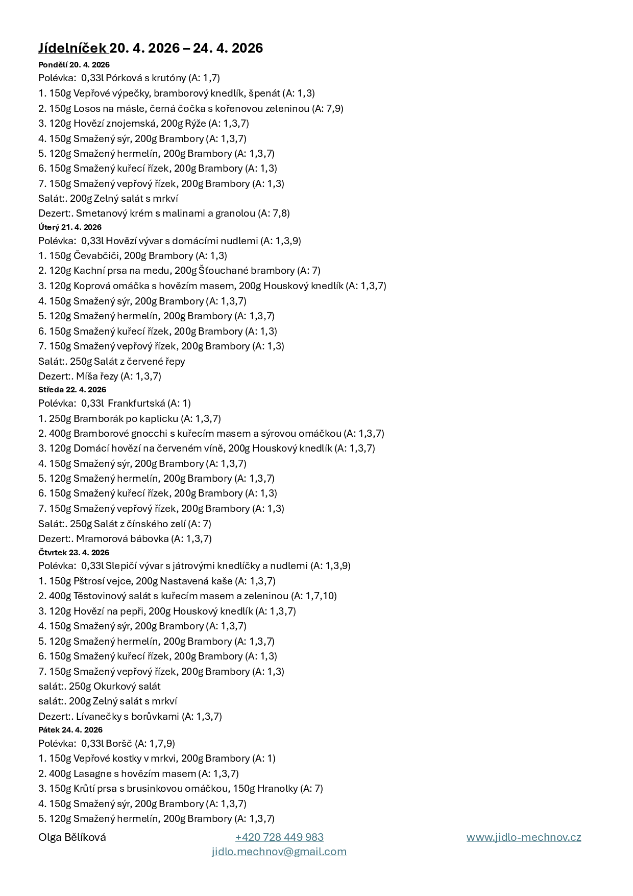 Jídelní lístek - tento týden