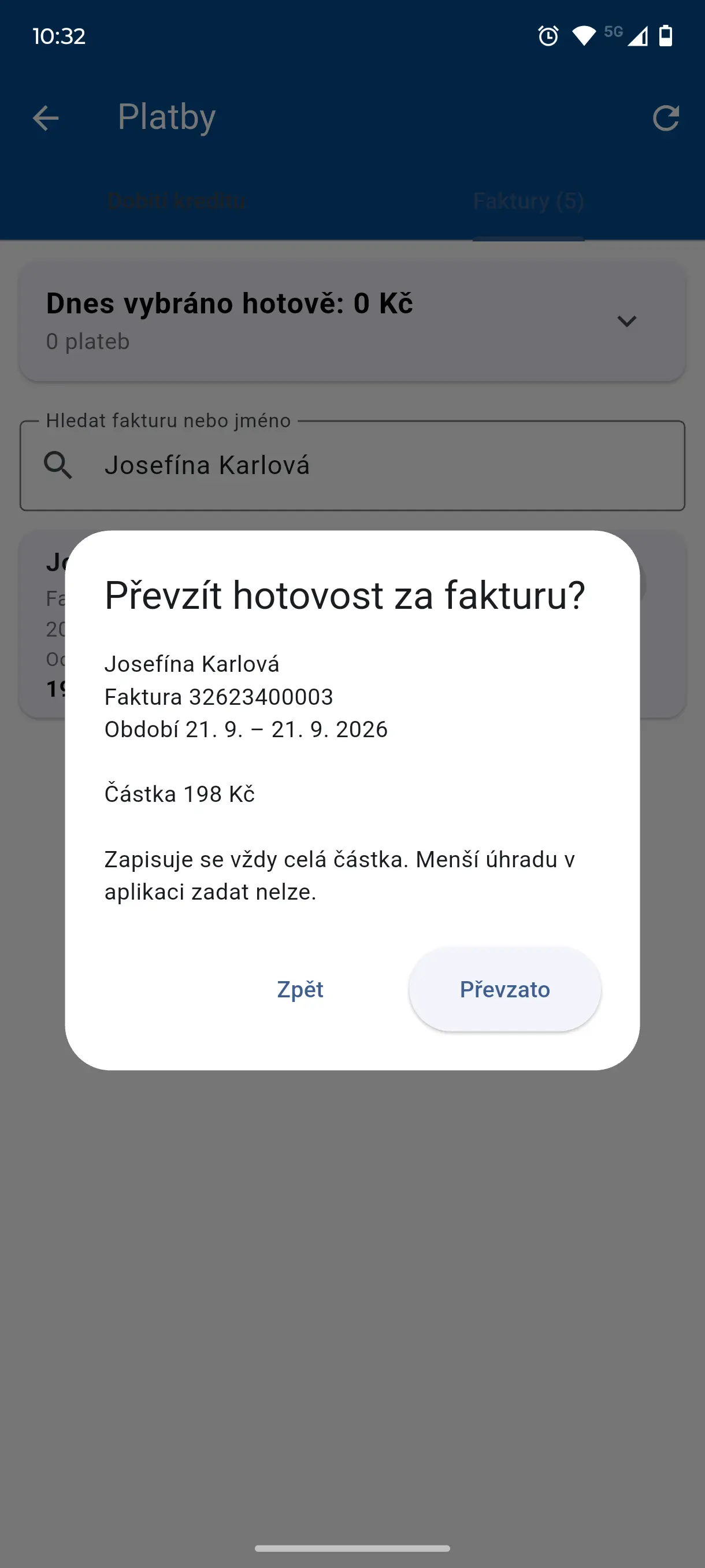 Úhrada faktury v rozvozové aplikaci