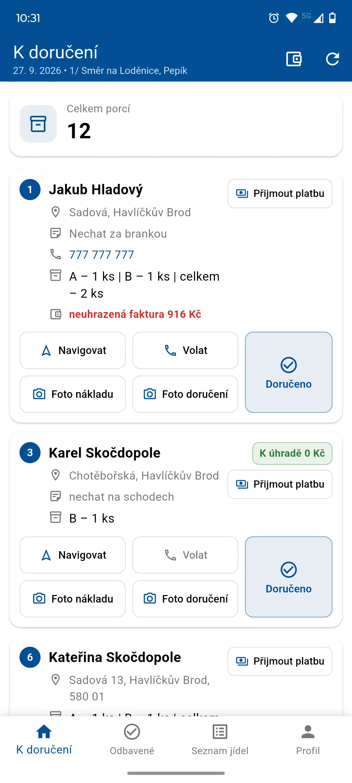 Fotka nákladu a doručení v rozvozové aplikaci
