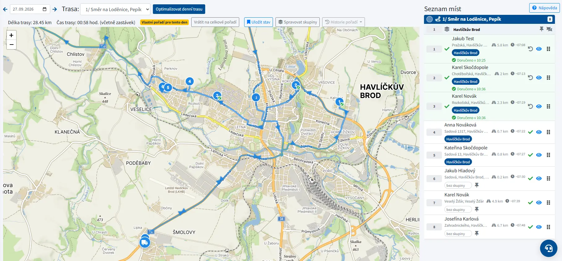Mapa denního rozvozu s polohou řidiče a odbavenými zastávkami