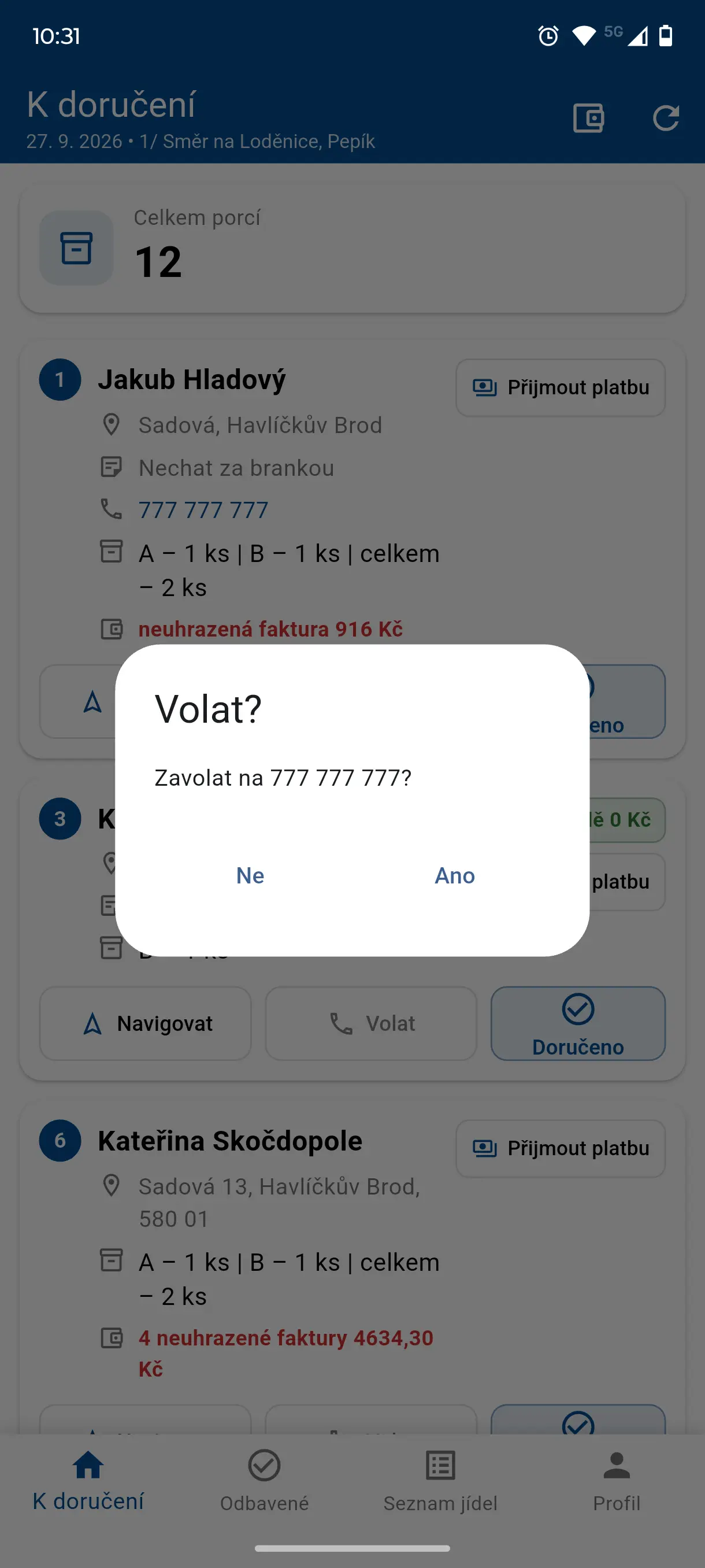 Volání zákazníkovi z rozvozové aplikace