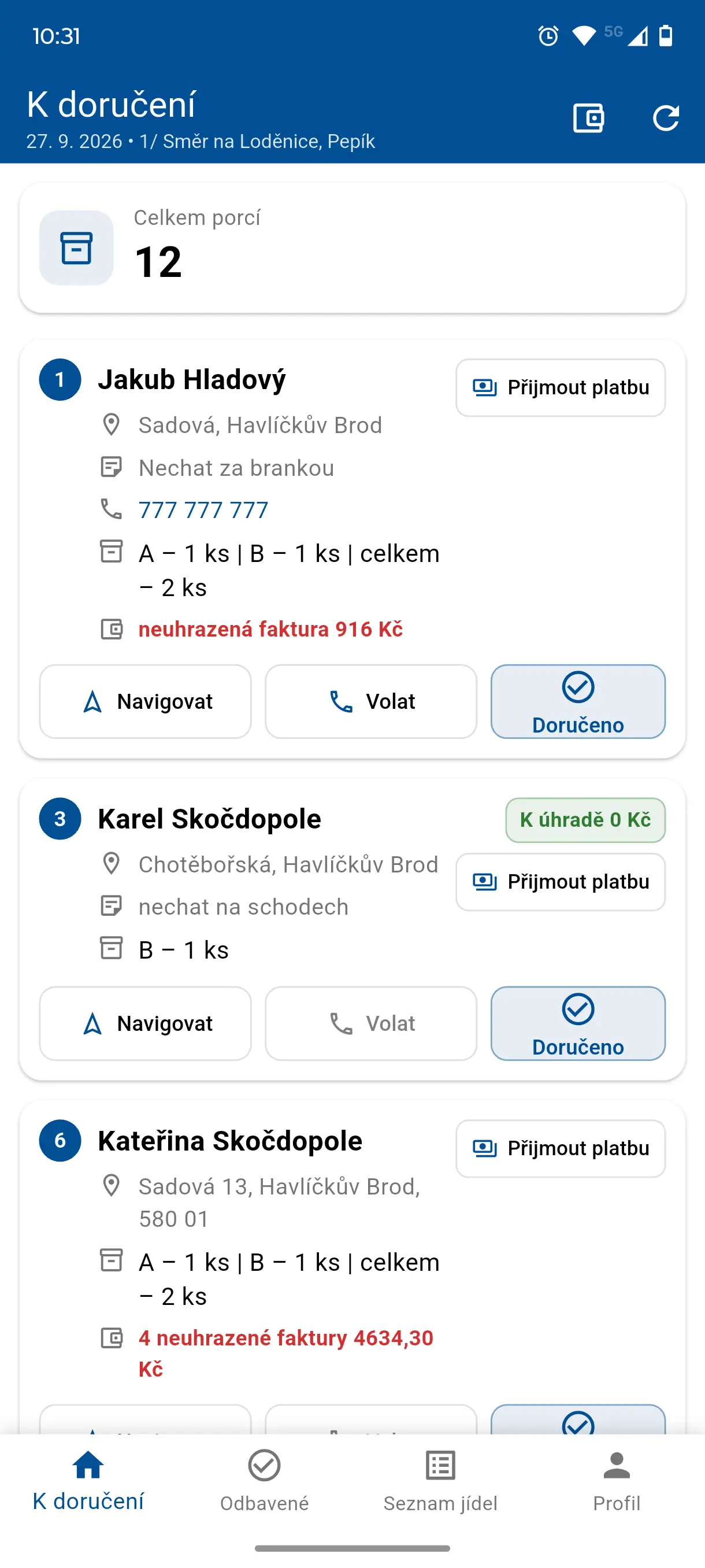 Přehled zastávek v rozvozové aplikaci Objednávka obědů