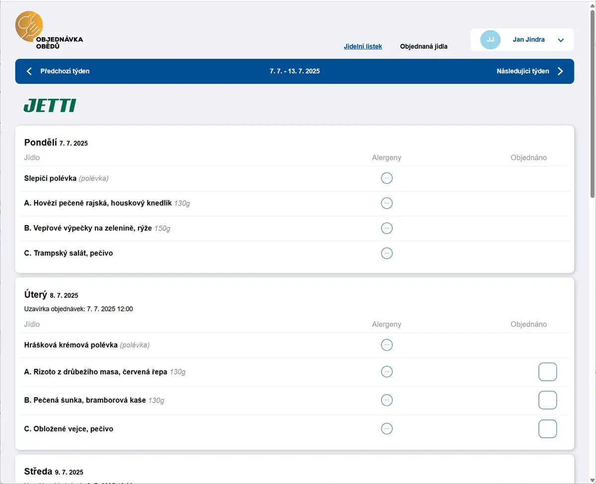 Jídelní lístek Jetti na počítači Objednávka obědů