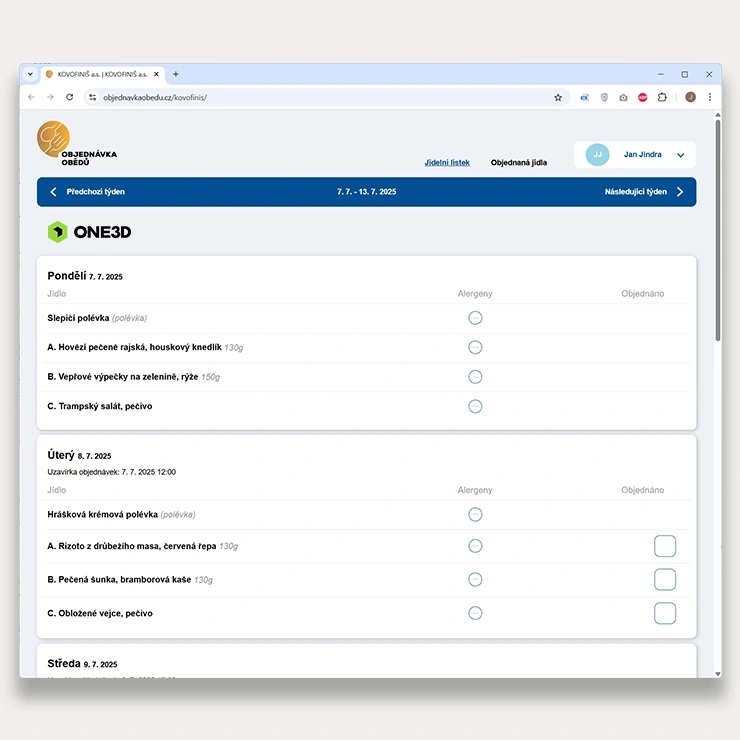 Jídelní lístek ONE3D na počítači Objednávka obědů