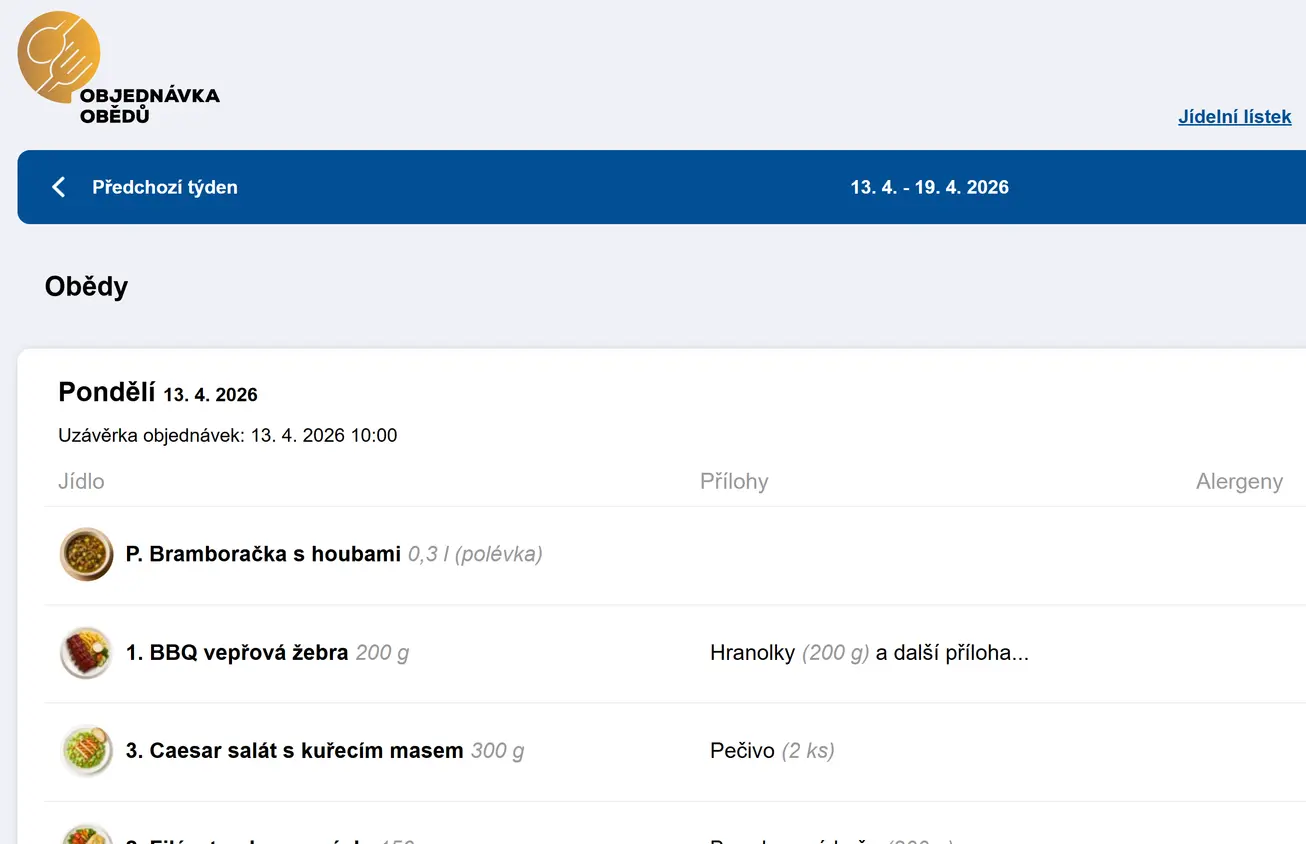Objednávka obědů desktopové a mobilní rozhraní